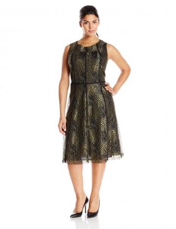 Anne Klein Plus-Size Black And Gold Sleeveless Lace Fit-and-Flare Dress For Women