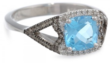 Badgley Mischka Fine Jewelry Sterling Silver White and Champagne Diamonds Cushion Cut Blue Topaz Ring, Size 7 For Women
