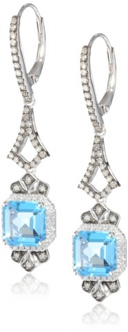 Badgley Mischka Fine Jewelry Cushion Cut Blue Topaz, White and Champagne Colored Diamonds Drop Earrings For Women