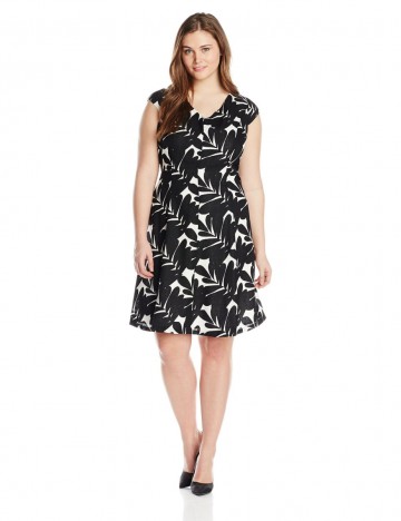 Anne Klein Plus-Size Cap-Sleeve Fit-and-Flare Camellia And Black Printed Dress For Women