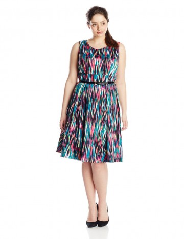 Calvin Klein Plus-Size Sleeveless Belted Printed Fit and Flare Dress For Women
