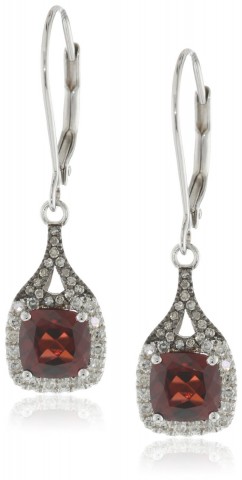 Badgley Mischka Fine Jewelry Sterling Silver White and Champagne Diamonds Cushion Cut Garnet Earrings For Women