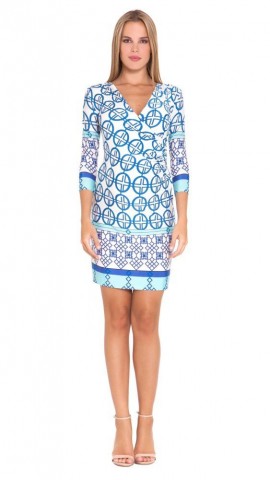 The Olian Maternity "Sonia" Printed Slim Fitting Shirred Side Faux Wrap Dress